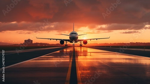 Airplane taking off from the airport with beautiful sunset background