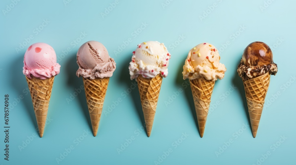 A set of five various ice cream scoops on a blue background