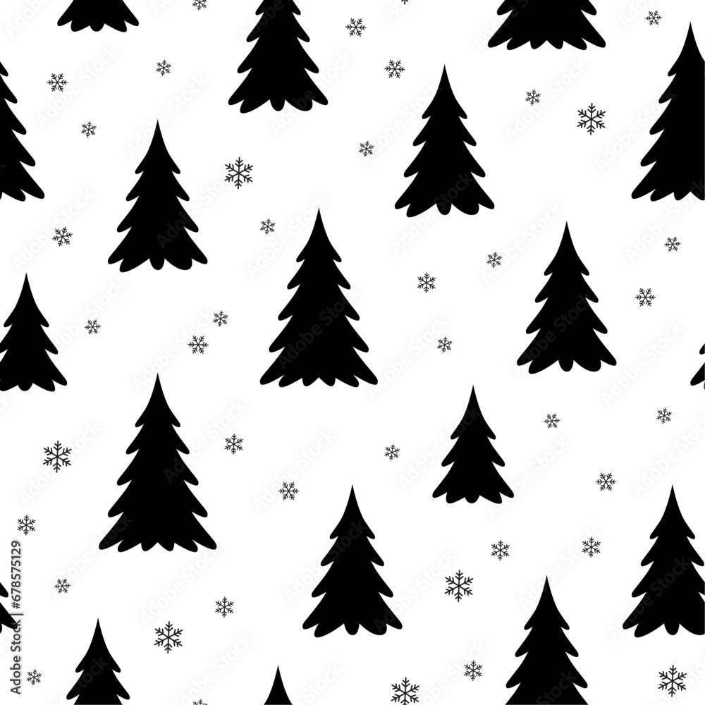 Seamless pattern with Christmas trees. Vector illustration. Texture for print, textile, fabric, design, packaging. Winter forest background.