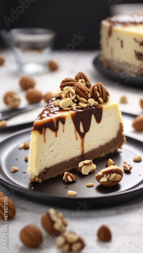 A delicious cheesecake sprinkled with goodies stands on a table with a beautiful background