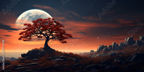 Beautiful landscape with a lonely tree in the mountains at sunset Landscape with Milky way galaxy AI Generative 