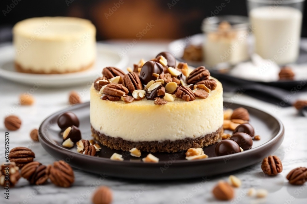 A delicious cheesecake sprinkled with goodies stands on a table with a beautiful background A delicious cheesecake sprinkled with goodies stands on a table with a beautiful background