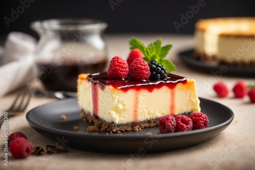 A delicious cheesecake sprinkled with goodies stands on a table with a beautiful background