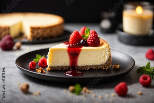 Fototapeta Naklejka Na Ścianę i Meble -  A delicious cheesecake sprinkled with goodies stands on a table with a beautiful background