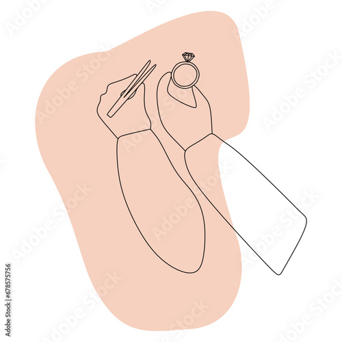 Jeweler at work making a ring. Inserting the diamond with tweezers into the setting. Line art illustration on orange background, Outline Jewelry making concept. Precious accessory with gemstone