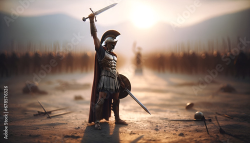 Spartaner hält sein Schwert hoch, Sieg photo
