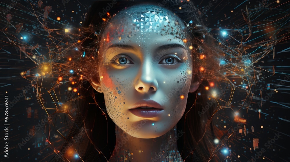 A female face with matrix digital numbers, dots, links, a hologram. The concept of artificial intelligence AI with a human face.