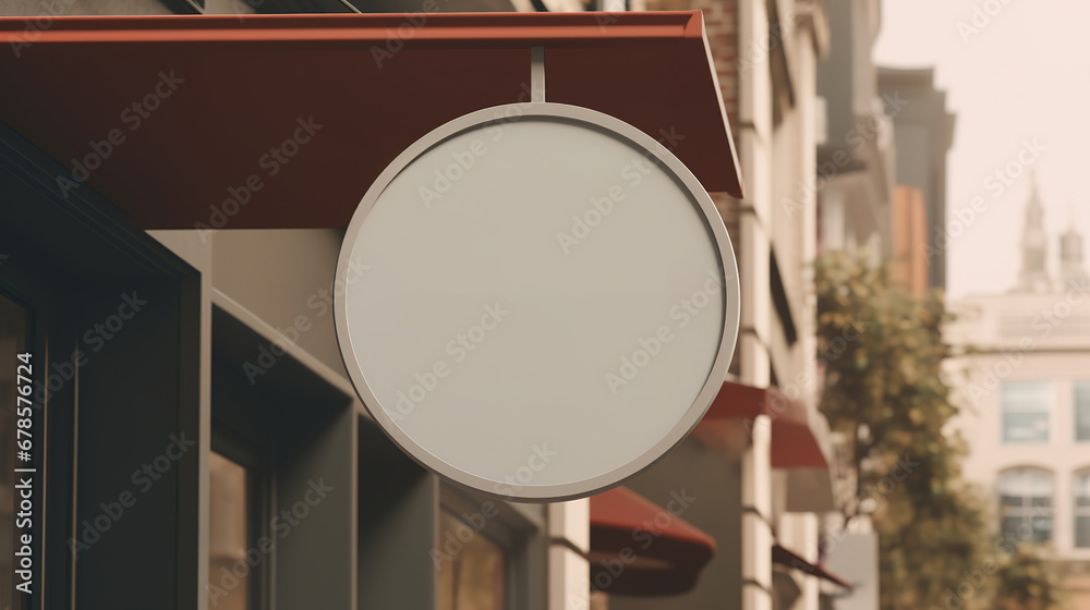 Generative AI, coffee shop street signboard mock up for logo design, brand presentation, aesthetic muted neutral colors, on the wall outdoor