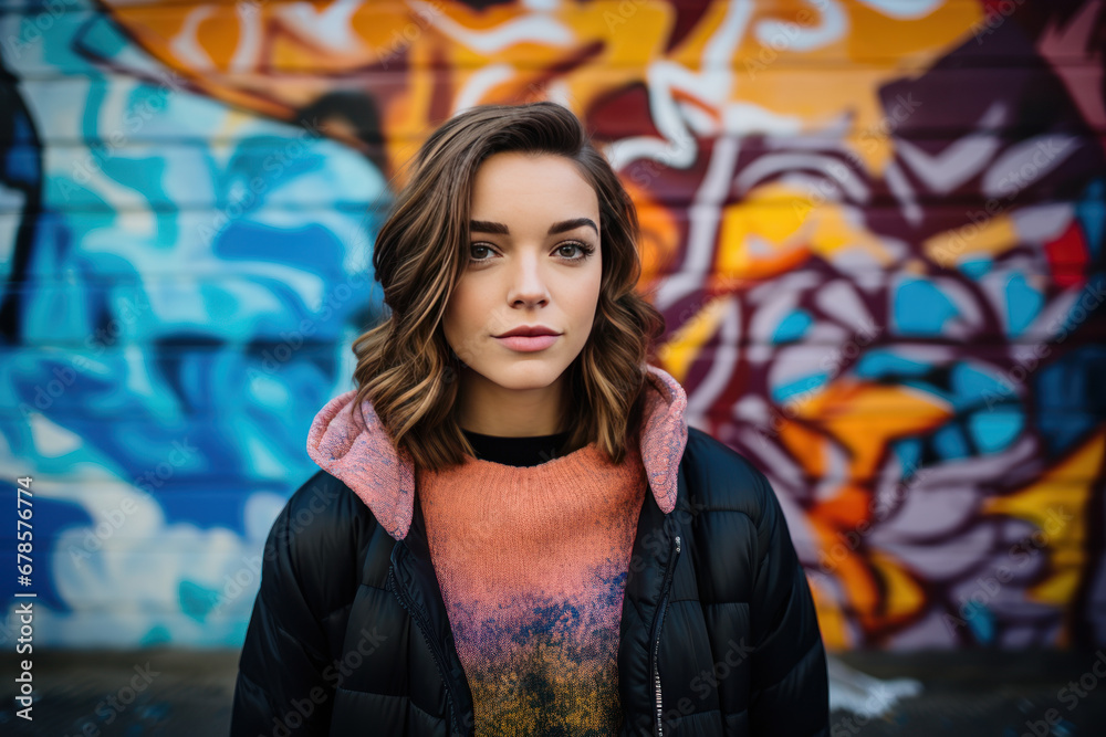 Stylish Young Woman Against Graffiti Wall