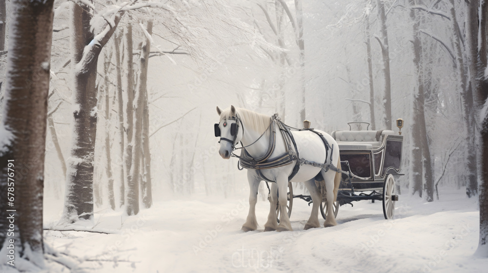 A white horse pulling a carriage