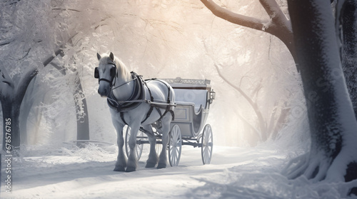 Canvas Print A white horse pulling a carriage