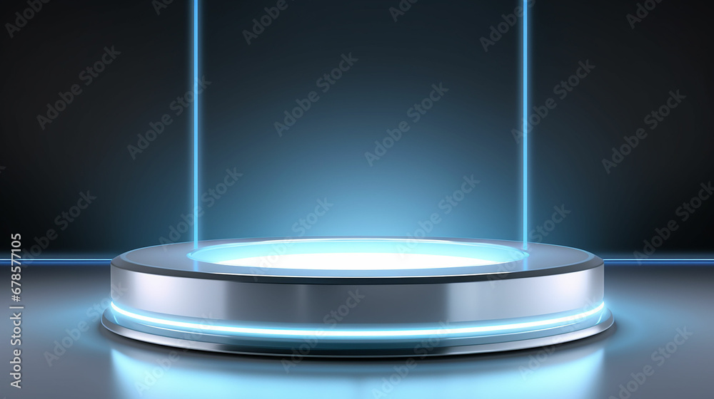 Abstract shine silver cylinder pedestal podium. Sci-fi white empty room concept with semi circle glowing neon lighting. Product display presentation. Futuristic wall scene. Made with generative ai Abstract shine silver cylinder pedestal podium. Sci-fi white empty room concept with semi circle glowing neon lighting. Product display presentation. Futuristic wall scene. Made with generative ai