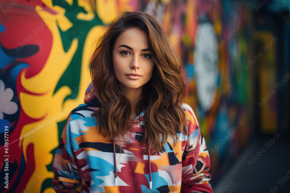 Stylish Young Woman Against Graffiti Wall