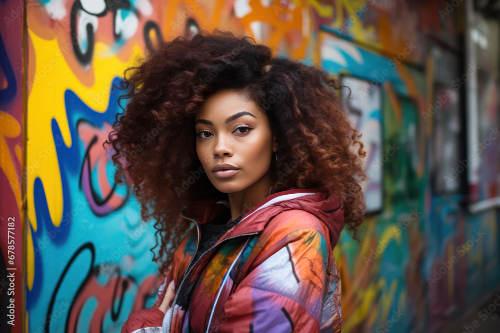 Fototapeta premium Stylish Young Woman Against Graffiti Wall