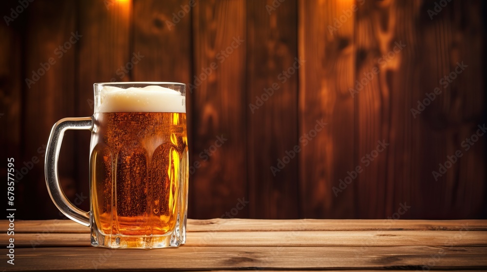 A mug of beer with some foam on wooden table A mug of beer with some foam on wooden table