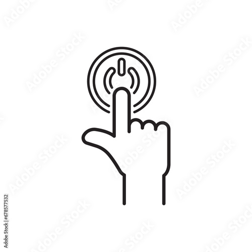 black thin line hand on power button. concept of mouse click or cursor like energy finish. flat stroke trend modern round ui logotype graphic lineart design art element isolated on white background