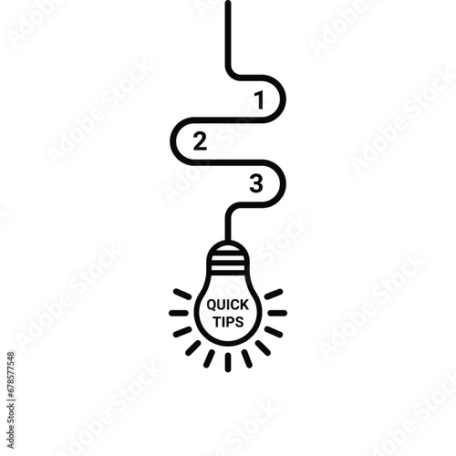 quick tips with bulb and list of facts. linear modern logotype element graphic simple banner design isolated on white background. concept of fundamentals or basis knowledge or creative learn and guide
