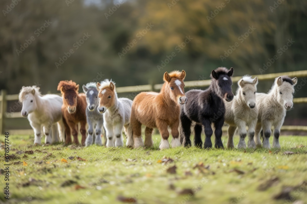 Fototapeta premium Group of cute ponies. Nature outdoor farm mammal animal. Generate Ai