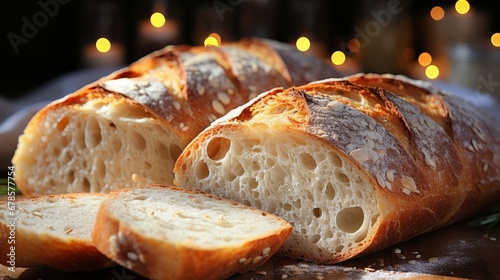 Close-up of a sliced French bread, showcasing its soft crumb, white surface. AI generate