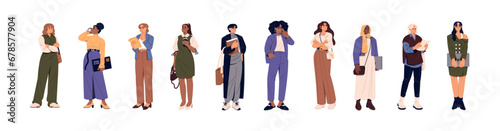 Modern businesswomen set. Females in office costume standing. Workers, employees multinational group. Diverse women, girls businessmen work. Business people flat isolated vector illustration on white