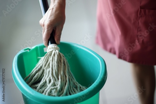 Hand holding mop cleaning. Clean bucket floor washing service. Generate Ai photo