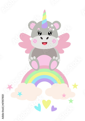 Funny unicorn hippo on magic rainbow