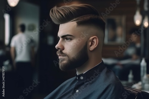 Handsome man barbershop model portrait. Photo young person salon pensive. Generate Ai