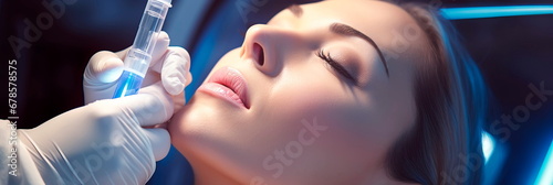 Young Woman Receiving Anti-aging face Injection in lips In Beauty Clinic . Generative AI photo