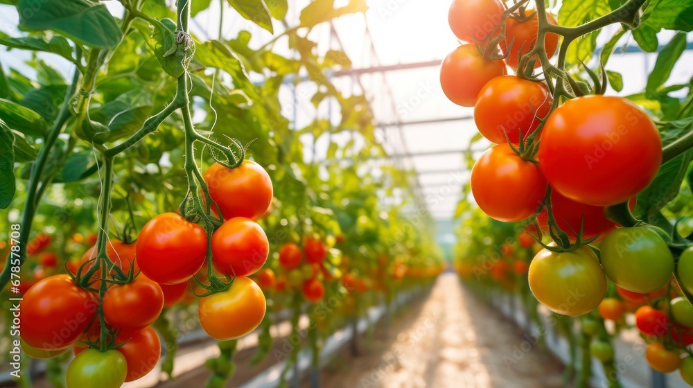 The Growth of Ripe Tomatoes in a Greenhouse Setting. Generative AI
