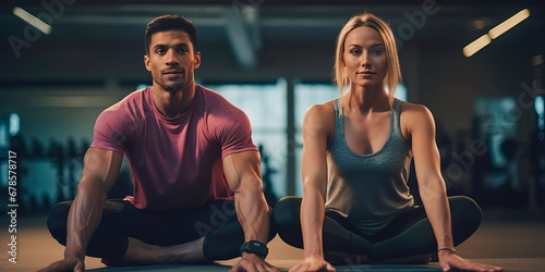 Couple practicing yoga in fitness studio . Generative AI