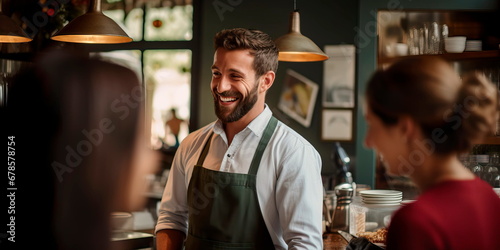 Handsome smiling waiter serving coffee to customers . Generative AI photo