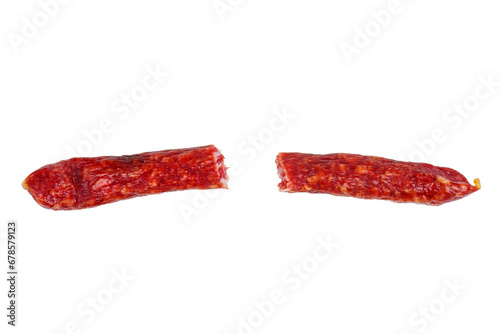 Two pieces sousage isolated in a white background. Top view photo