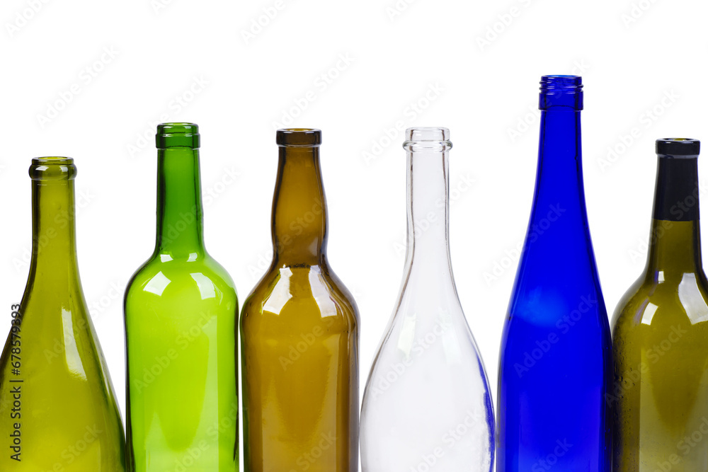 Empty different colored bottles isolated on white background.Segment Empty different colored bottles isolated on white background.Segment