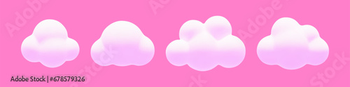 Cartoon 3d pink fluffy clouds set. Vector soft dream cloud on pink background. 3d Render bubble shape, round geometric cumulus illustration for design, game, app