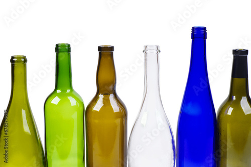 Empty different colored bottles isolated on white background.Segment