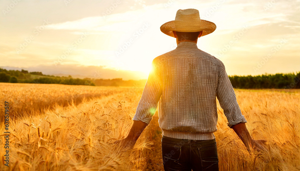 A farmer with a straw hat, seen from behind, walks in a wheat field caressing the ears of wheat at dawn. Observes with satisfaction a golden wheat field at dawn or dusk. - obrazy, fototapety, plakaty 