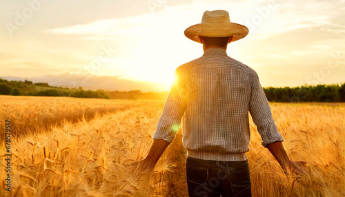 A farmer with a straw hat, seen from behind, walks in a wheat field caressing the ears of wheat at dawn. Observes with satisfaction a golden wheat field at dawn or dusk. photo
