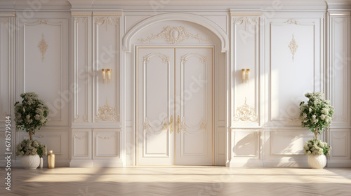 interior door in a classic luxurious style with monograms and white gold moldings with a light cloth, photo