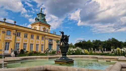 WARSAW, WILANOW, POLAND  July 11, 2023 : time lapse. Fountain near Wilanow Palace in Warsaw, Poland