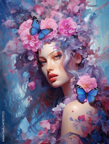 Abstract Oil Acrylic Painting Style Woman Portrait with Flowers and Blue Buterfly, Floral Wall Art Poster