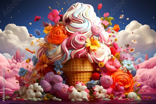 Image of ice cream sundae surrounded by flowers.