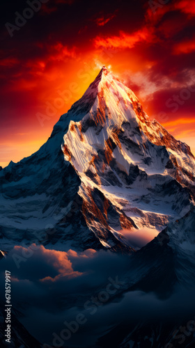 Very tall mountain with red sky in the background.