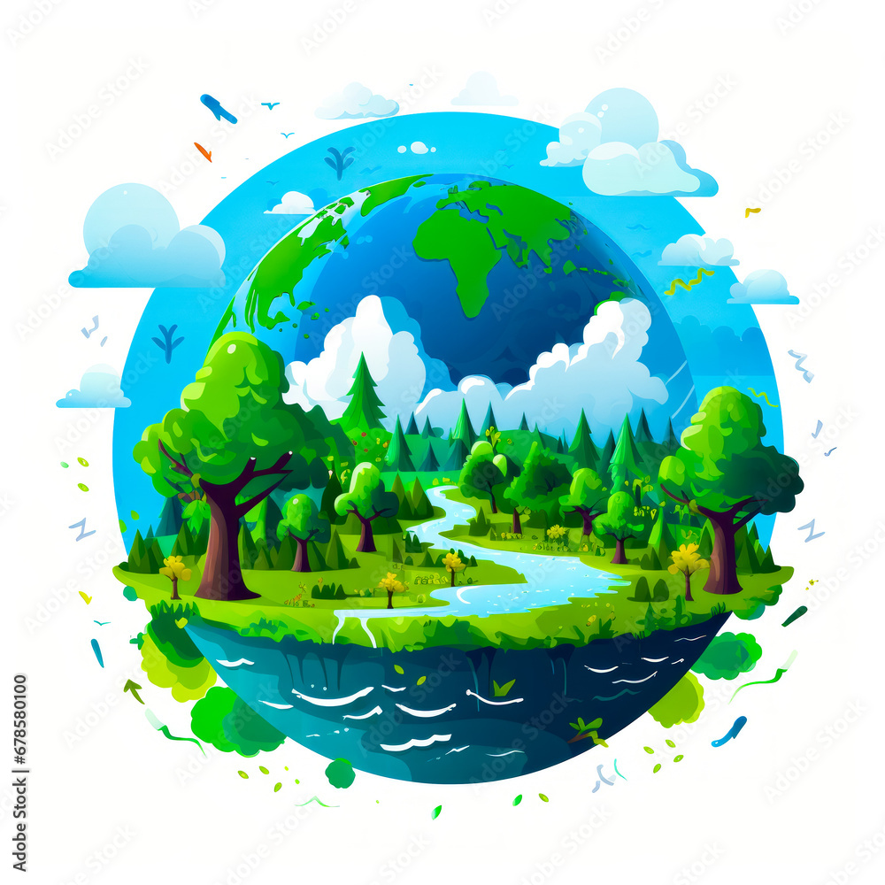 Image of green planet with trees and river.