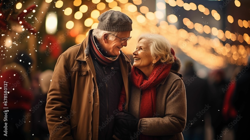 A loving image of an elderly couple exploring a Christmas market together.
