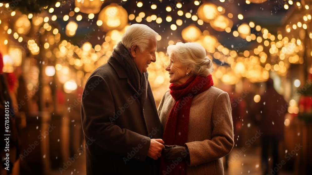 A loving image of an elderly couple exploring a Christmas market together. A loving image of an elderly couple exploring a Christmas market together.