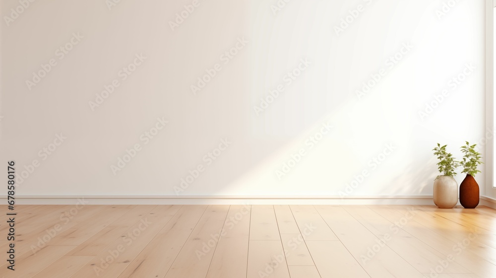 An image of a cozy room with an empty white wall and polished wood floor. An image of a cozy room with an empty white wall and polished wood floor.