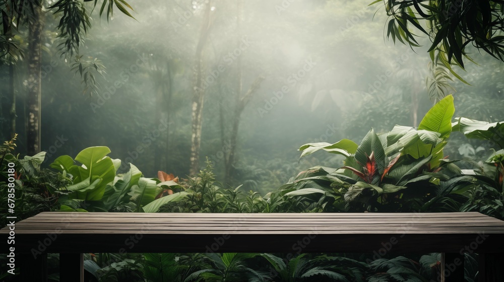 An image of a foggy morning in the jungle with a wooden table. An image of a foggy morning in the jungle with a wooden table.