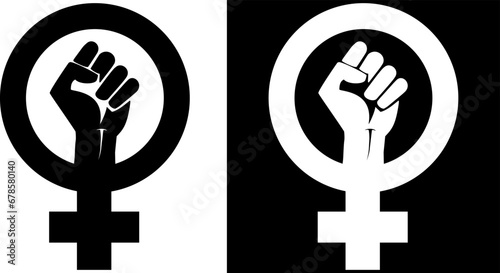 feminist icon with clenched fist isolated on transparent background and stamped on black background. EPS Vector illustration