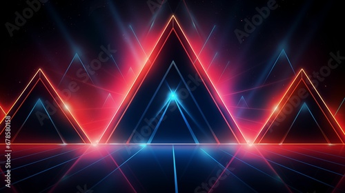 Abstract neon background with arrangement of geometric triangular shapes.