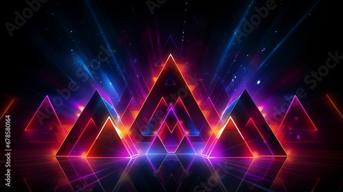 Abstract neon background with arrangement of geometric triangular shapes.